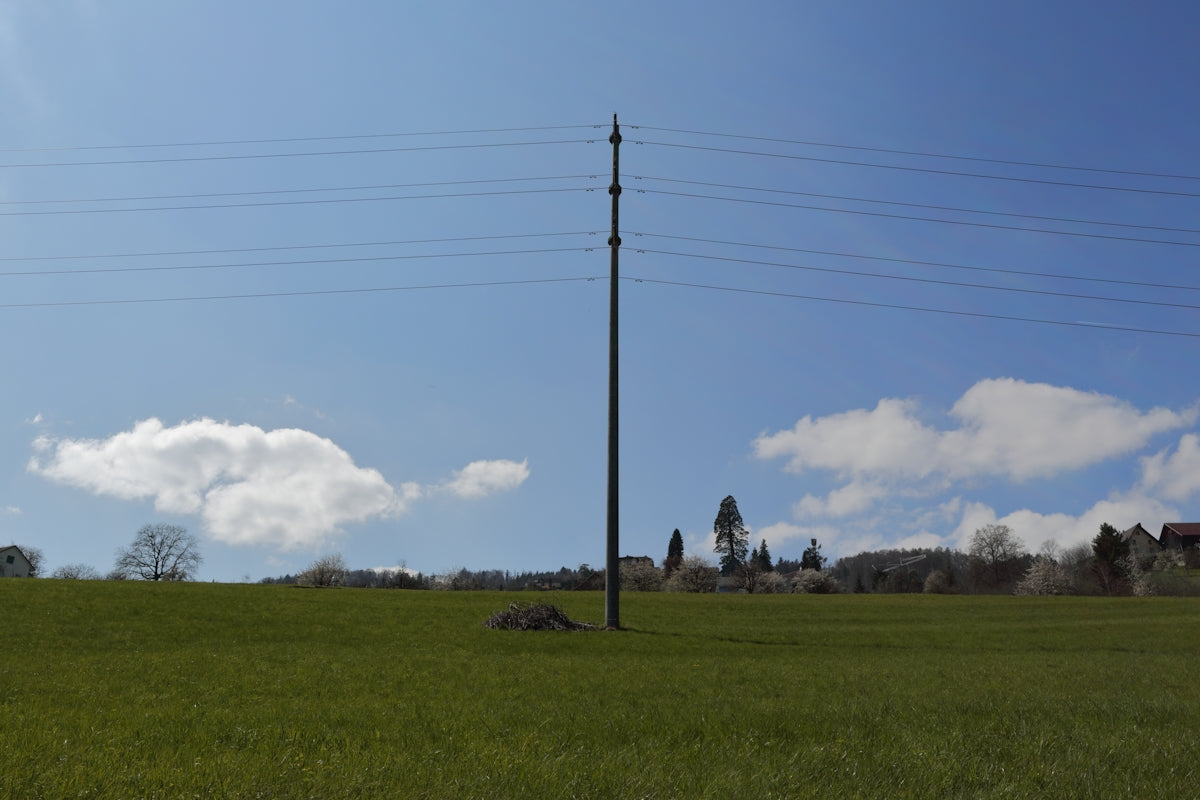 a telephone pole in the middle of a grassy field
